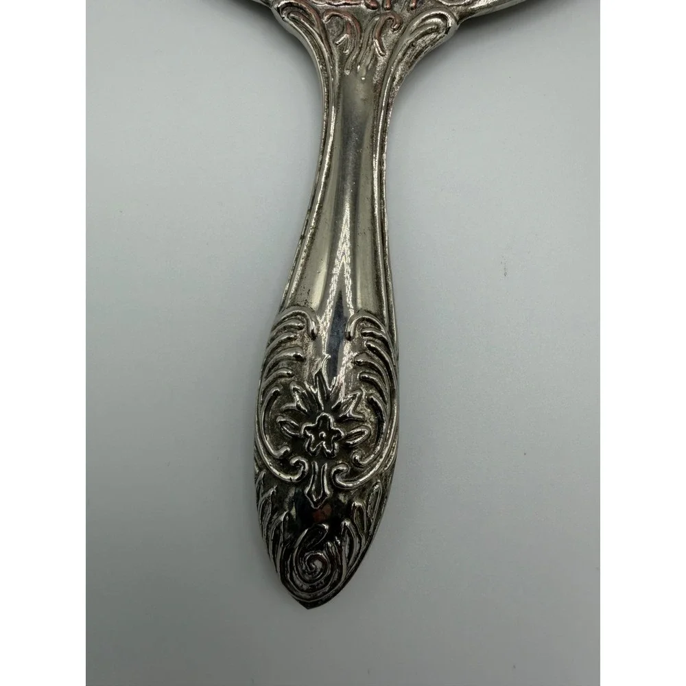 Vintage Silver Tone Repousse Hand Mirror and Brush Vanity Set Floral Lace Detail